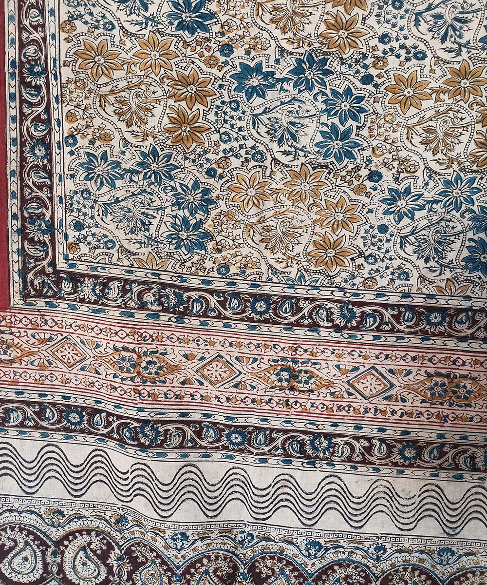 Offwhite blue kalamkari cotton hand printed saree