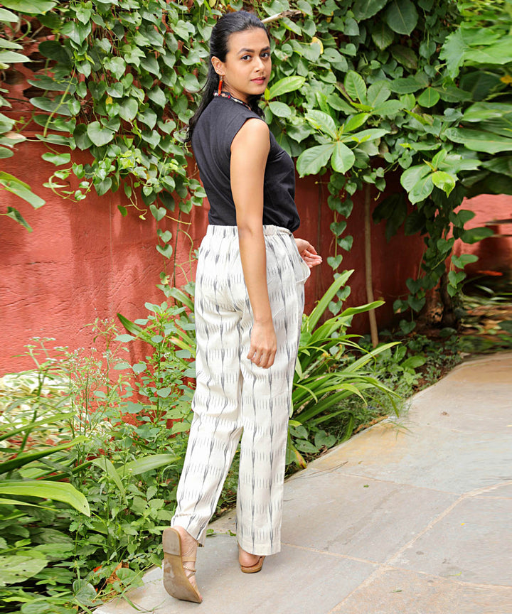 White handcrafted pochampally ikat cotton pants with pocket