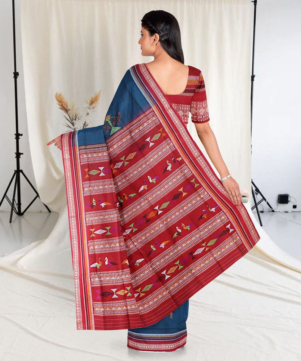 Pine red boarder cotton handwoven sambalpuri saree