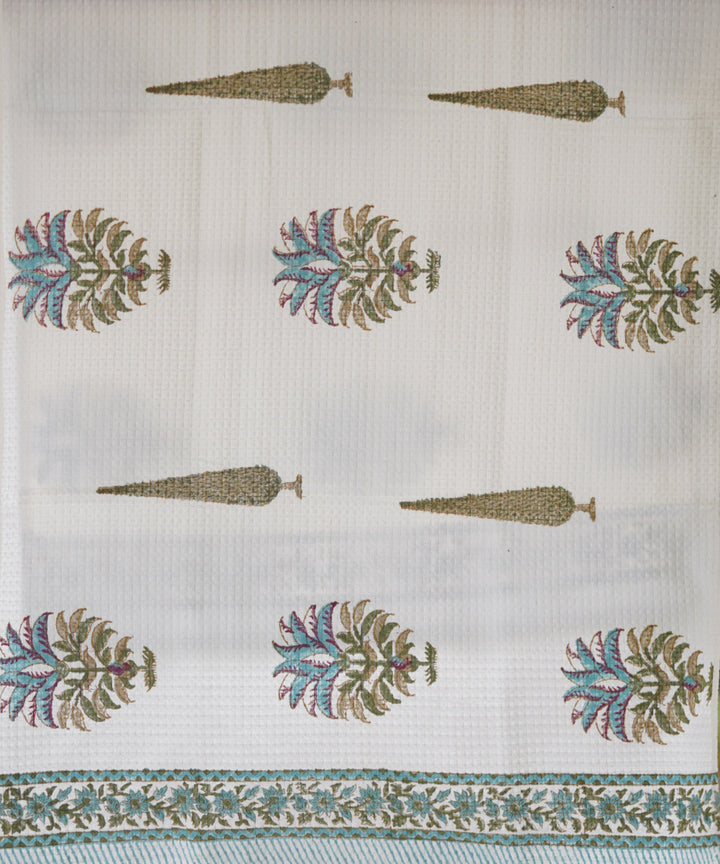 White green border flower motifs hand block printed cotton towels