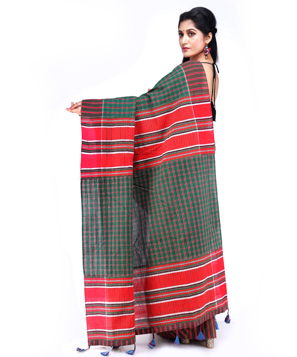 Dark green red cotton handloom gamcha saree