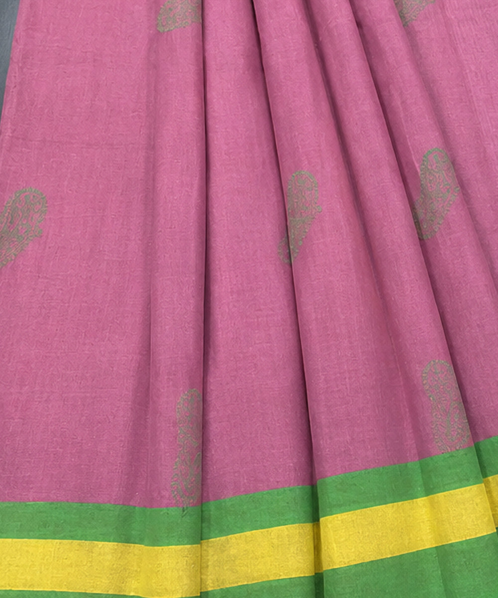 Peach mul cotton block print saree