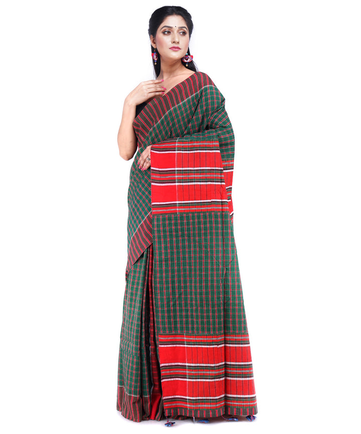 Dark green red cotton handloom gamcha saree