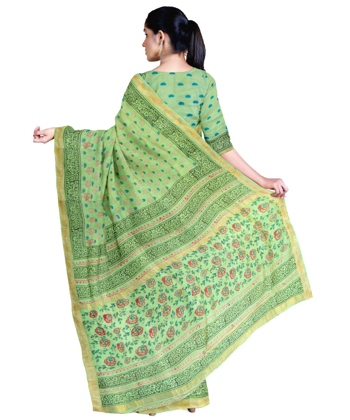 Light green red cotton silk hand printed maheshwari saree