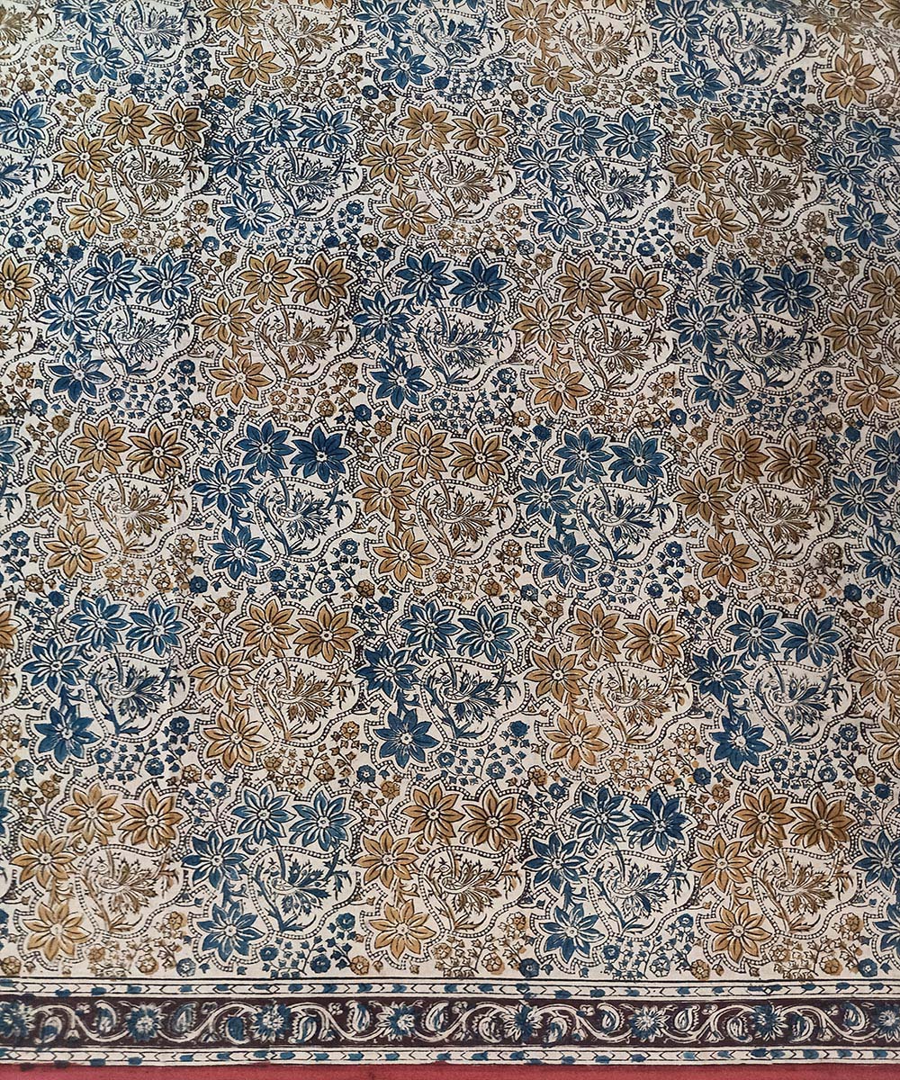 Offwhite blue kalamkari cotton hand printed saree