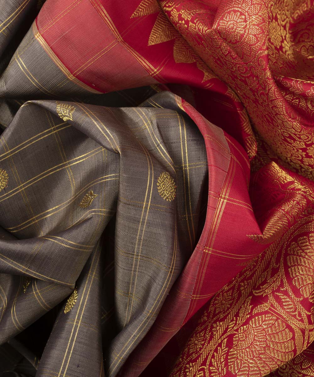 Grey with red handwoven kanjivaram silk saree