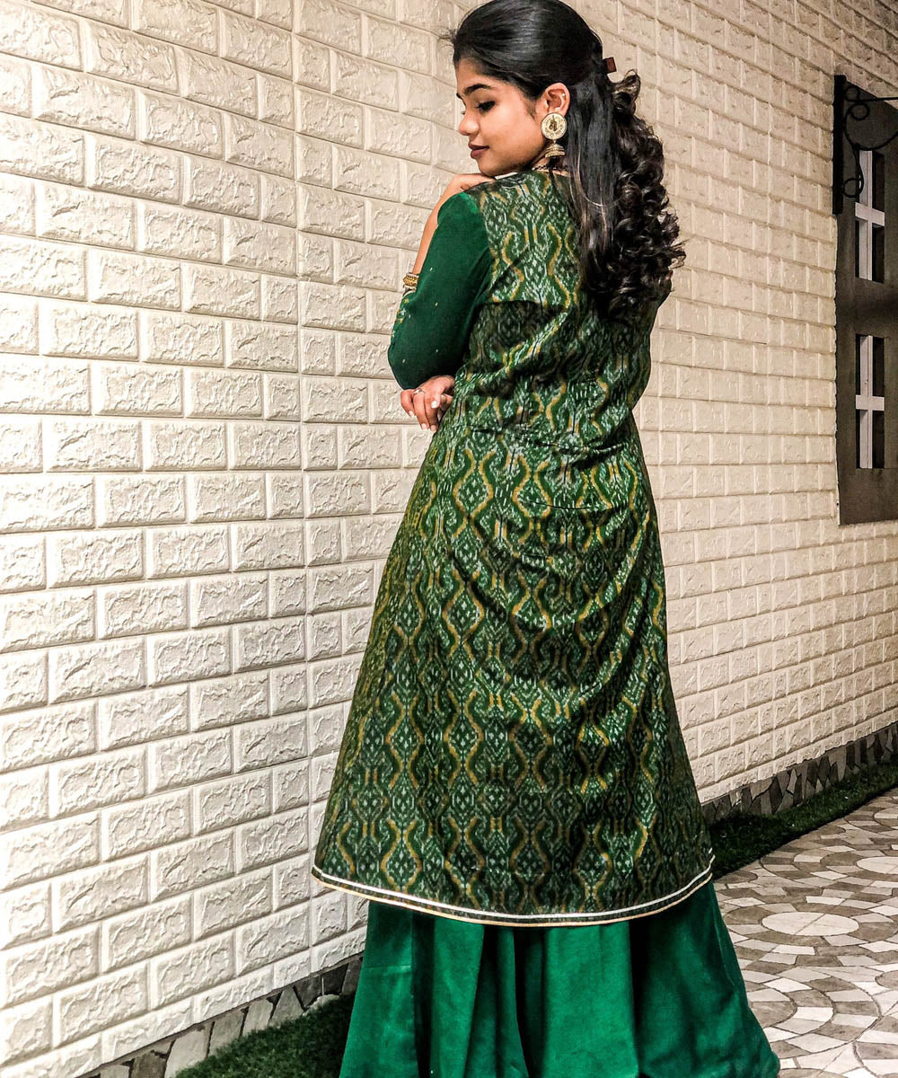 Green chanderi and silk ikat handwoven lehenga with hand embroidery