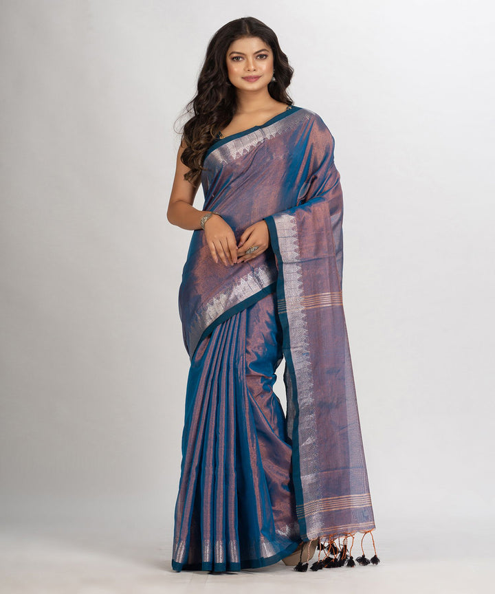 Copper blue double shaded handloom cotton tissue jacquard border saree