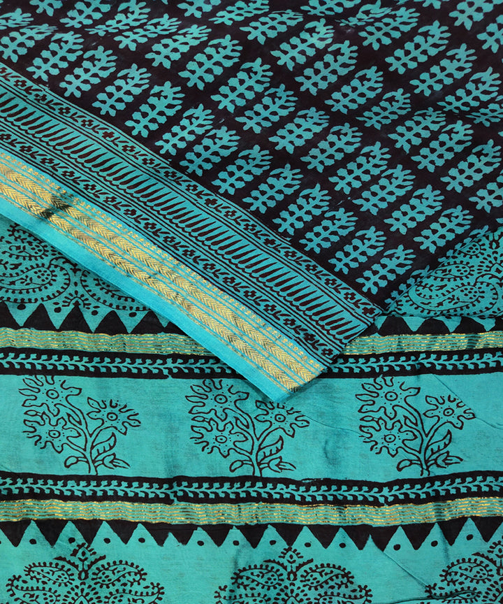 Sky blue hand block printed maheshwari cotton silk saree