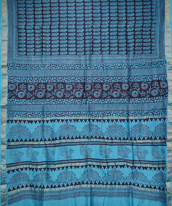 Sky blue hand block printed maheshwari cotton silk saree