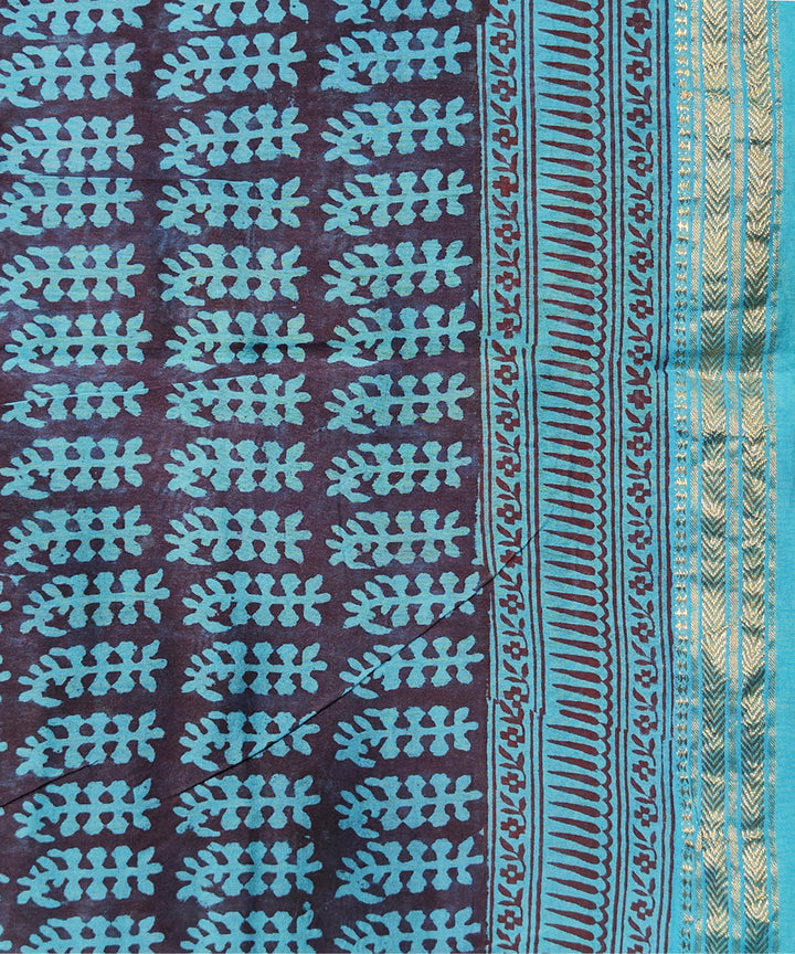 Sky blue hand block printed maheshwari cotton silk saree