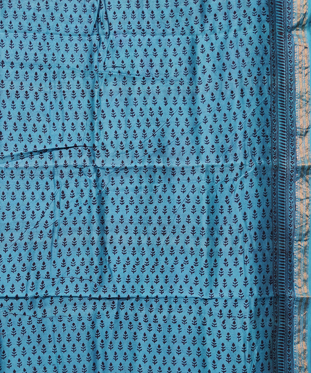 Sky blue hand block printed maheshwari cotton silk saree