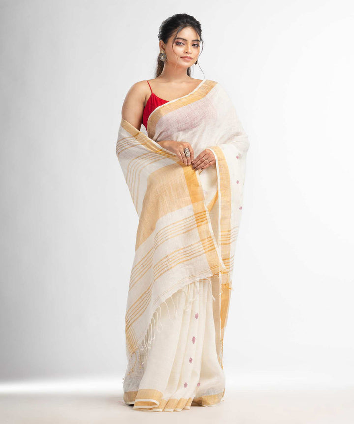 White handwoven linen bengal saree