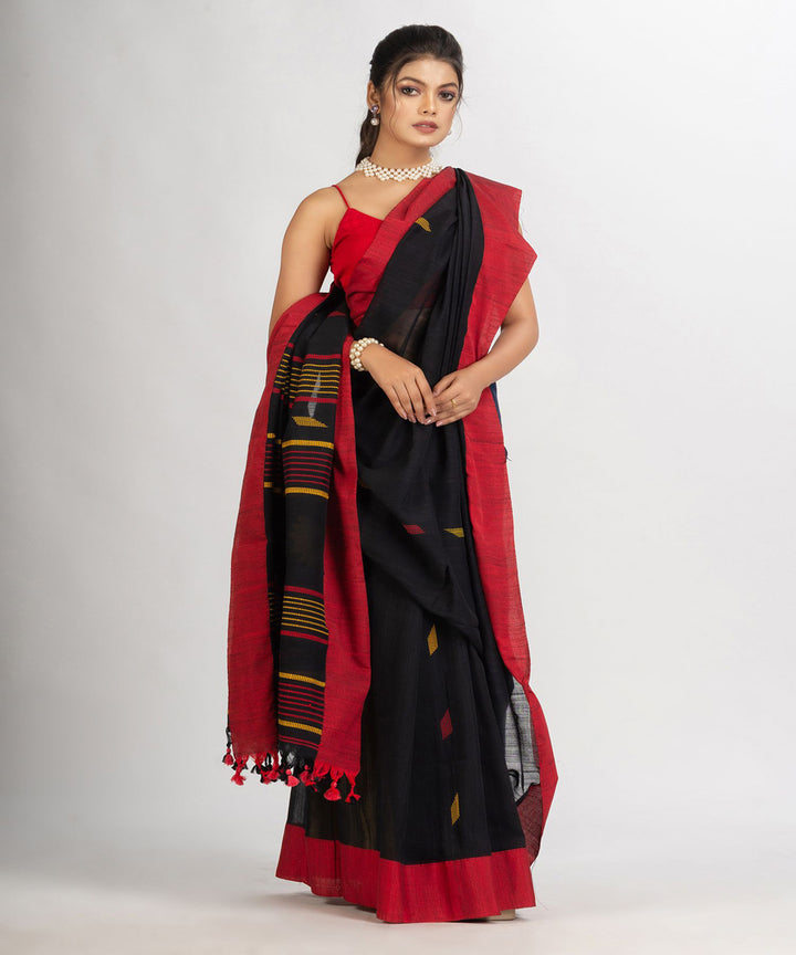 Black red handloom cotton bengal saree