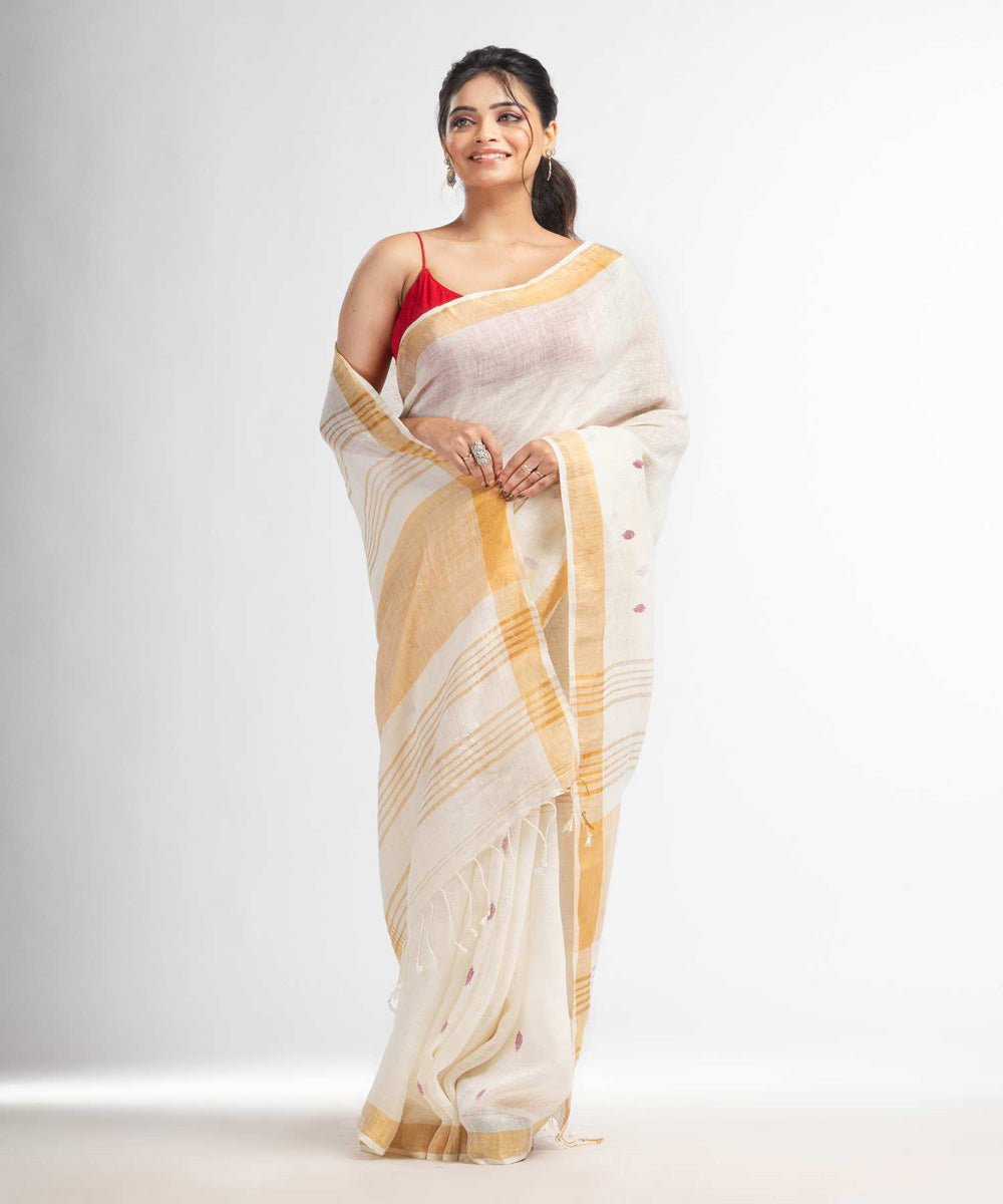 White handwoven linen bengal saree