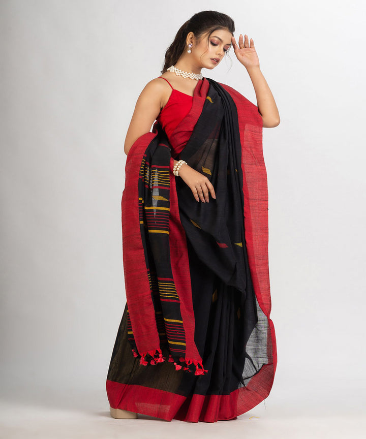 Black red handloom cotton bengal saree