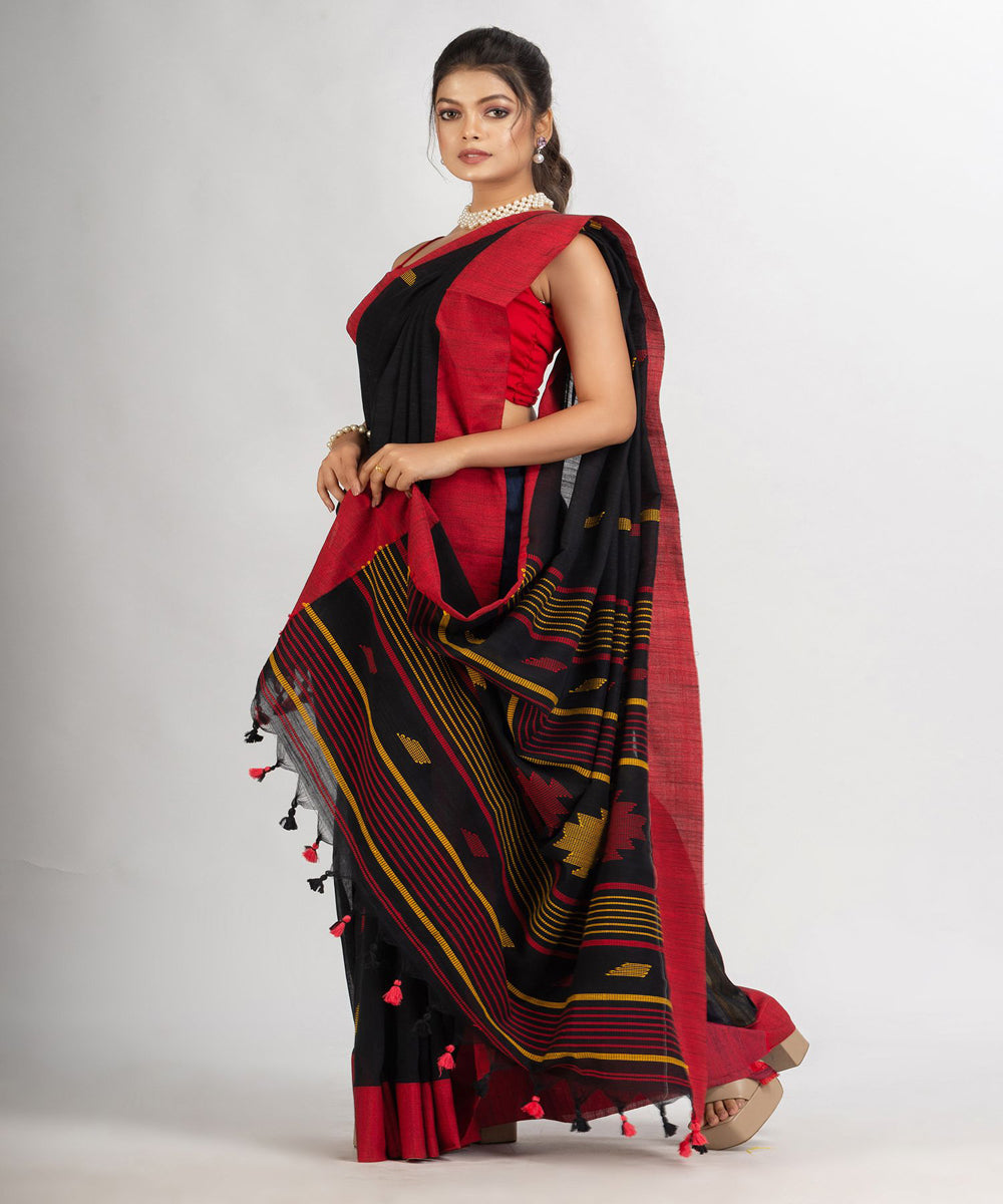 Black red handloom cotton bengal saree