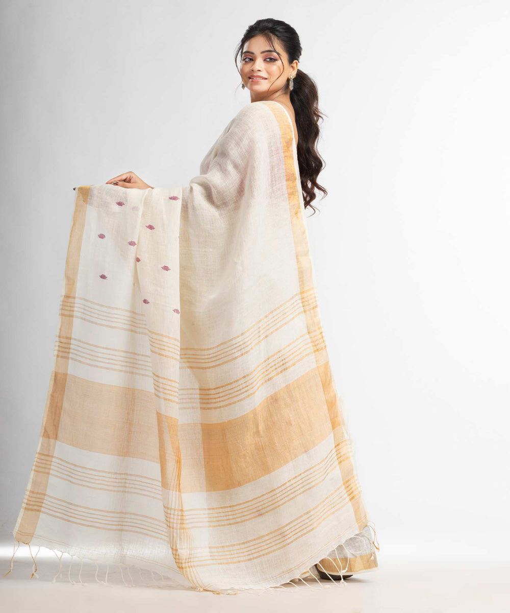 White handwoven linen bengal saree