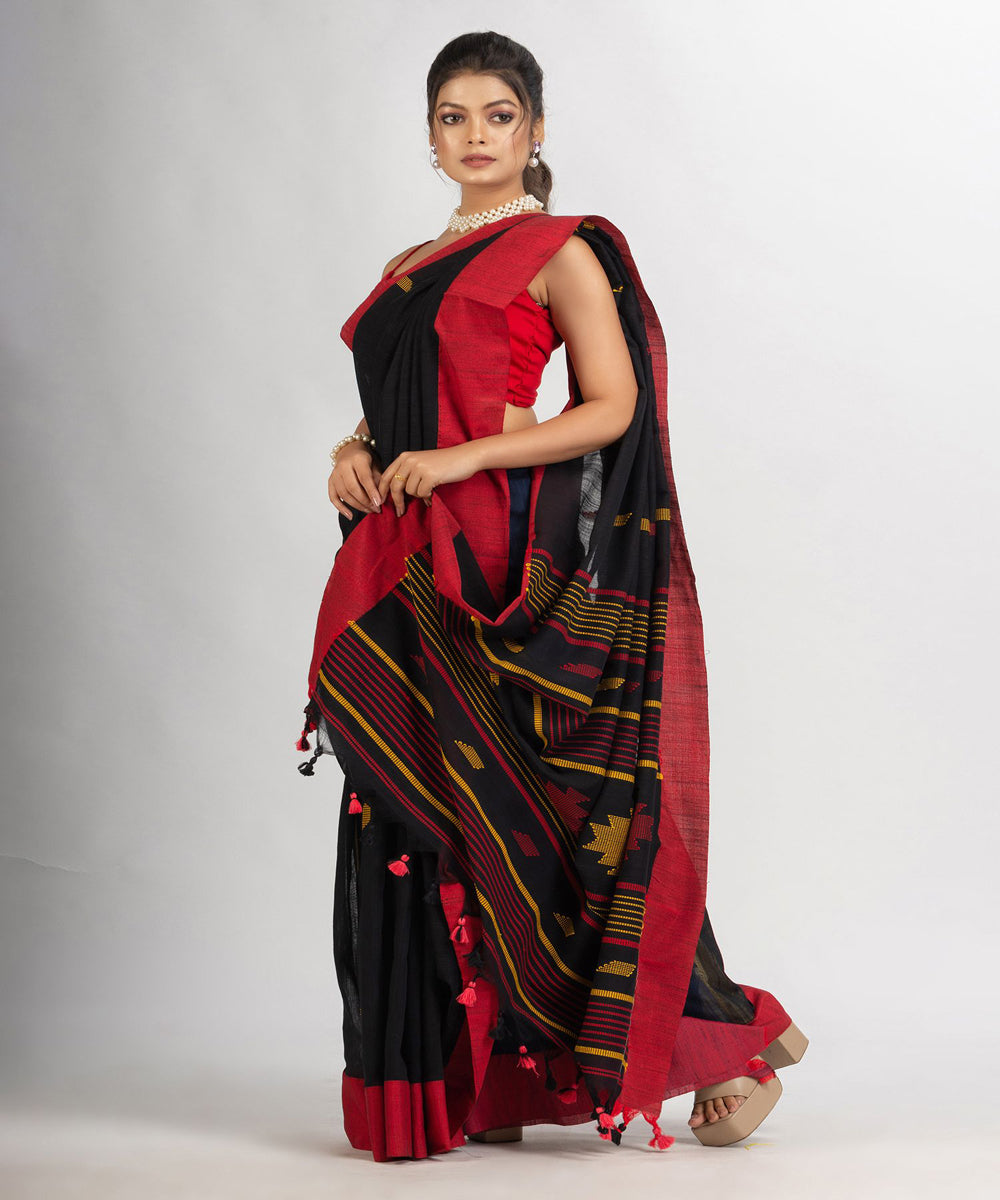 Black red handloom cotton bengal saree