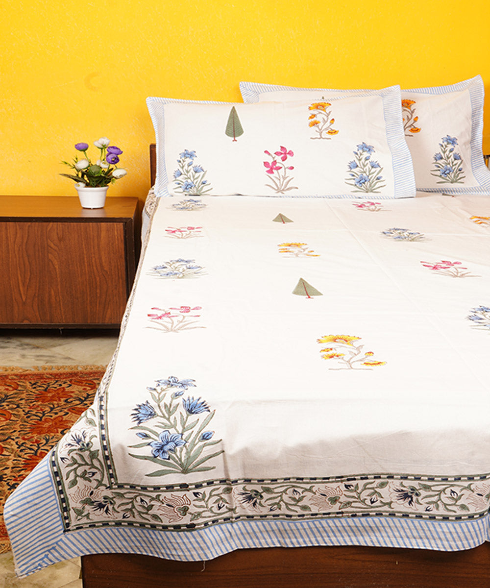 White base cotton hand printed block print double bedsheet