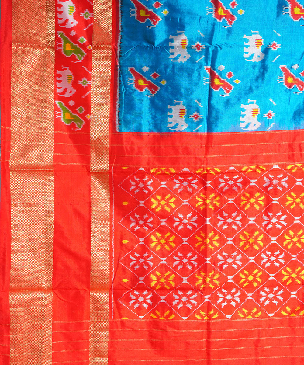 Cyan blue red handwoven pochampally ikat silk saree