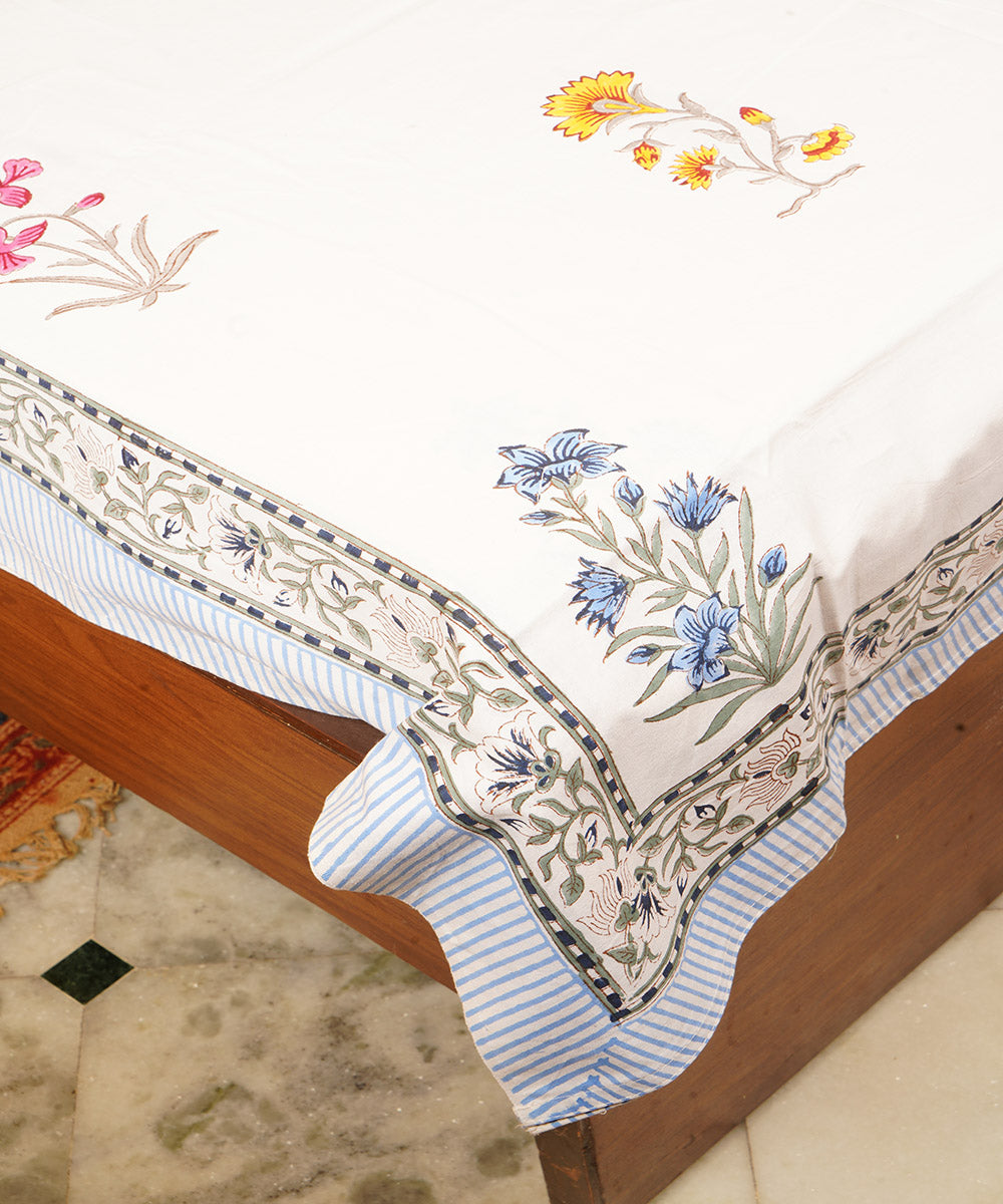 White base cotton hand printed block print double bedsheet