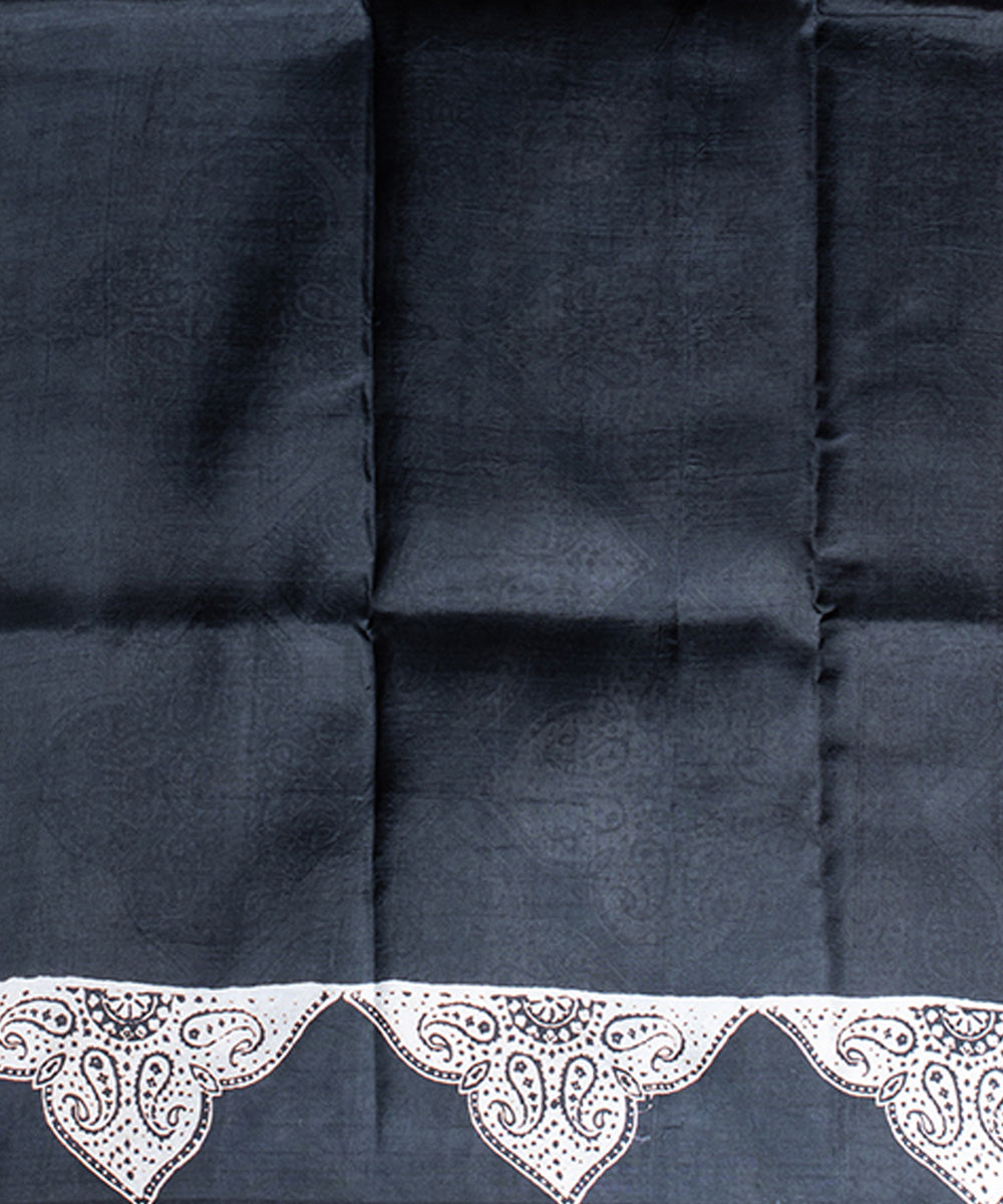 Black white silk hand block printed saree