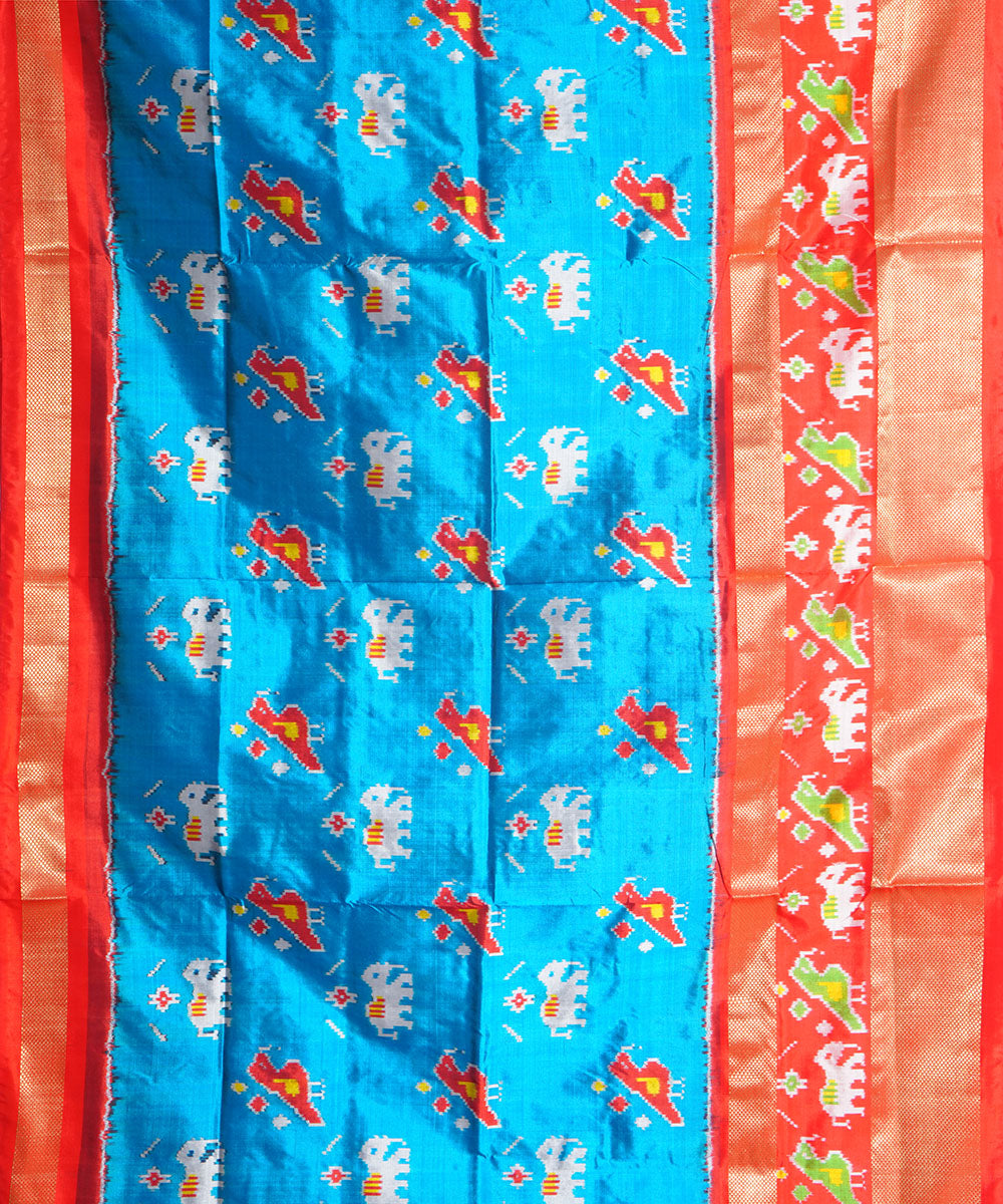 Cyan blue red handwoven pochampally ikat silk saree