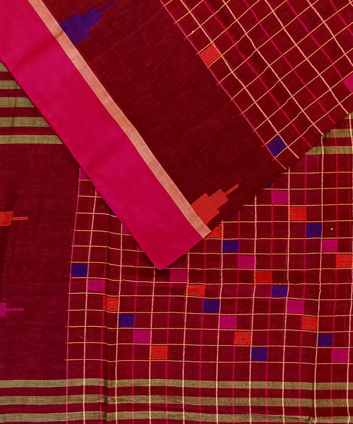 Maroon pink cotton handloom bengal saree