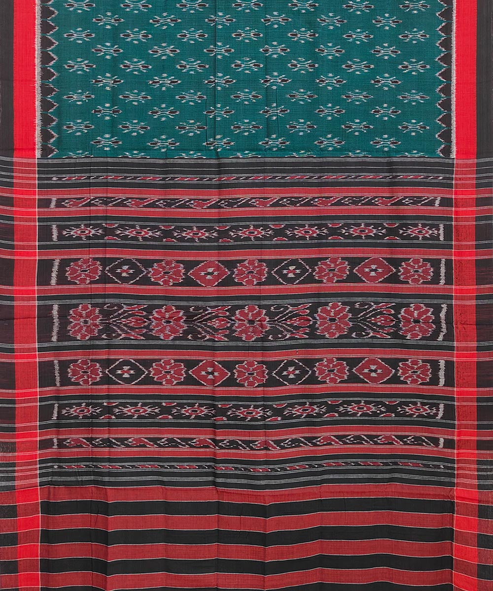 Dark green red hand woven cotton nuapatna saree