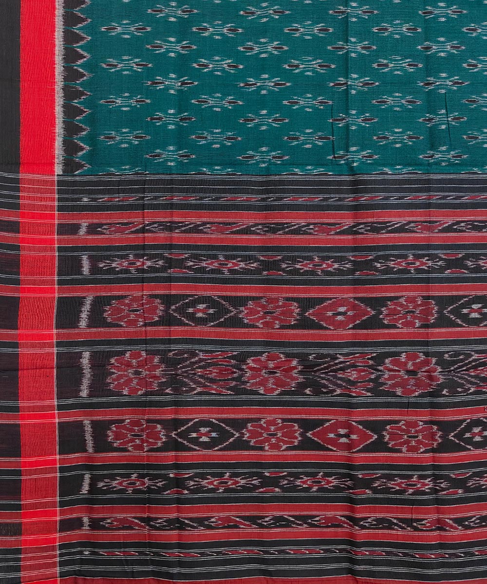 Dark green red hand woven cotton nuapatna saree