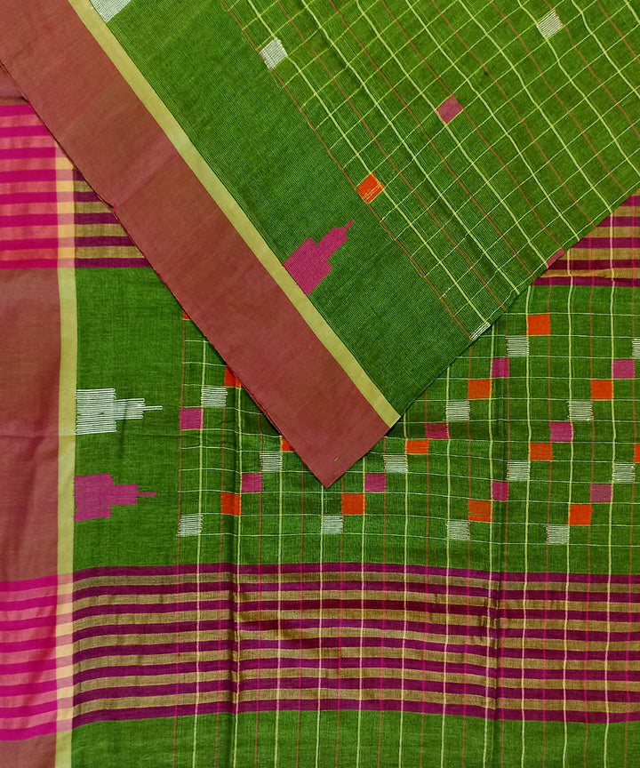 Lime green red cotton handloom bengal saree