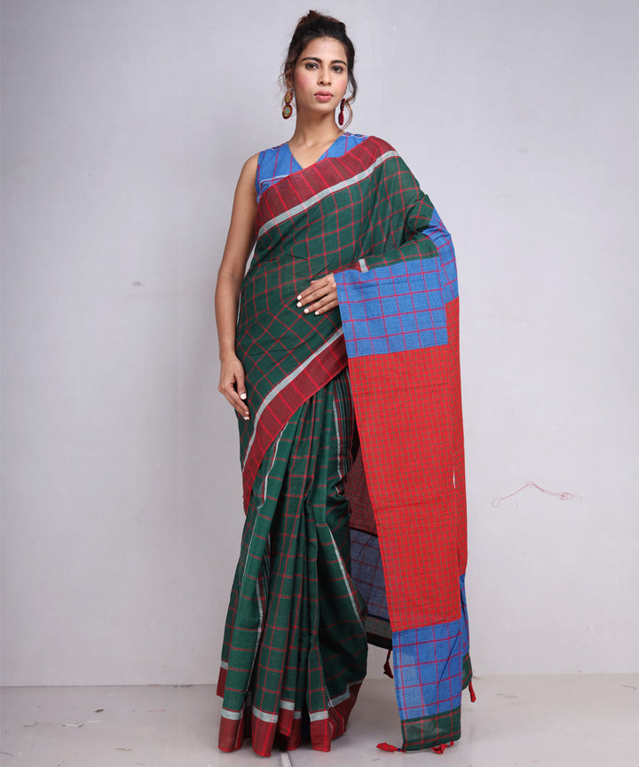 Dark green red cotton handloom gamcha saree