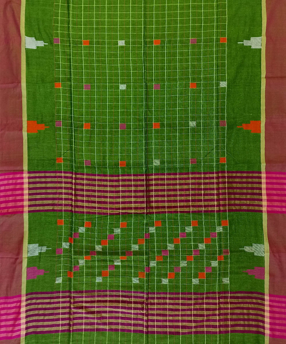 Lime green red cotton handloom bengal saree