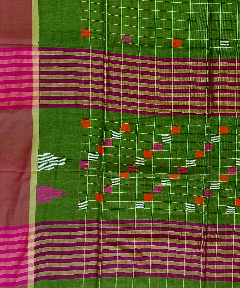 Lime green red cotton handloom bengal saree