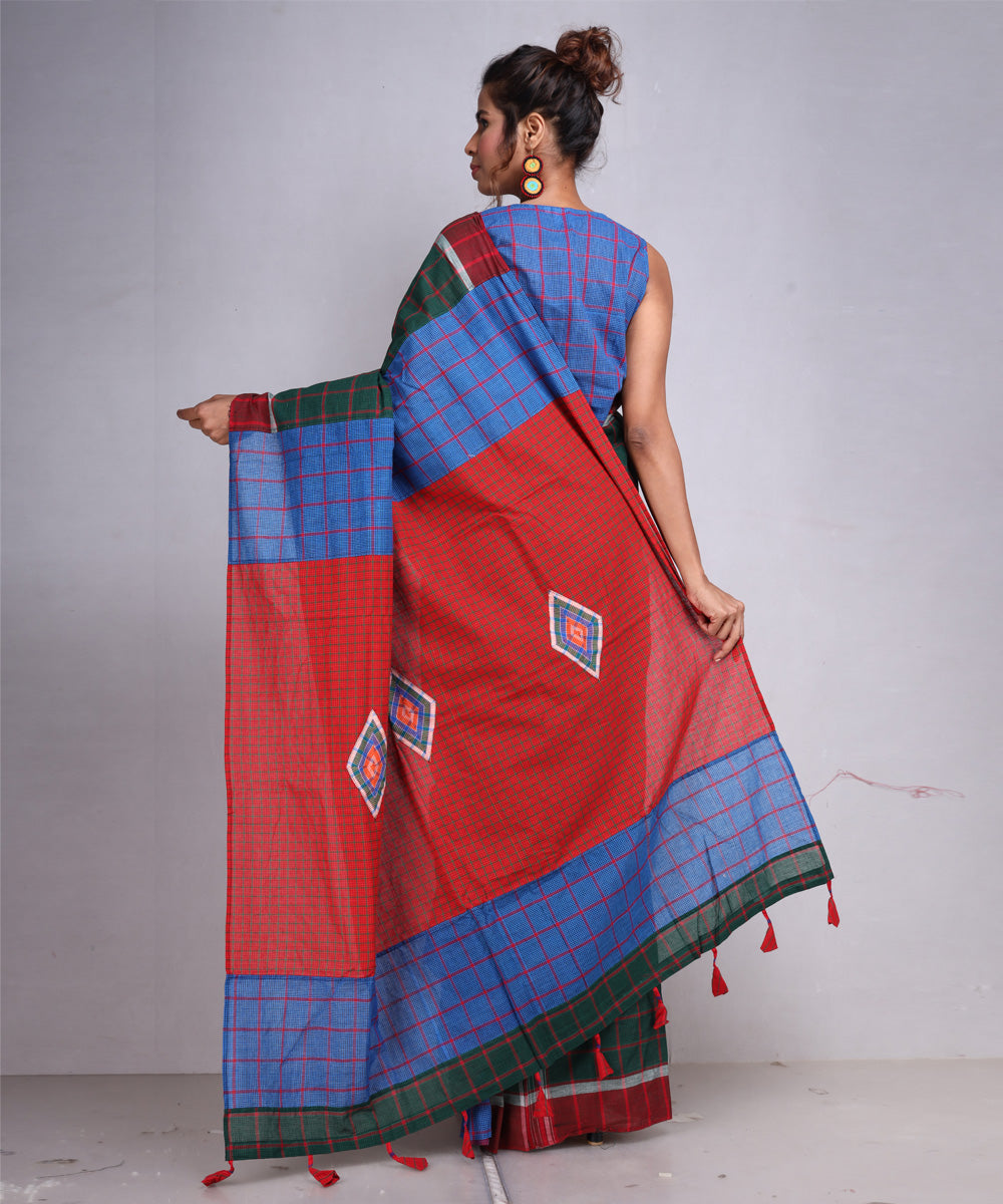 Dark green red cotton handloom gamcha saree