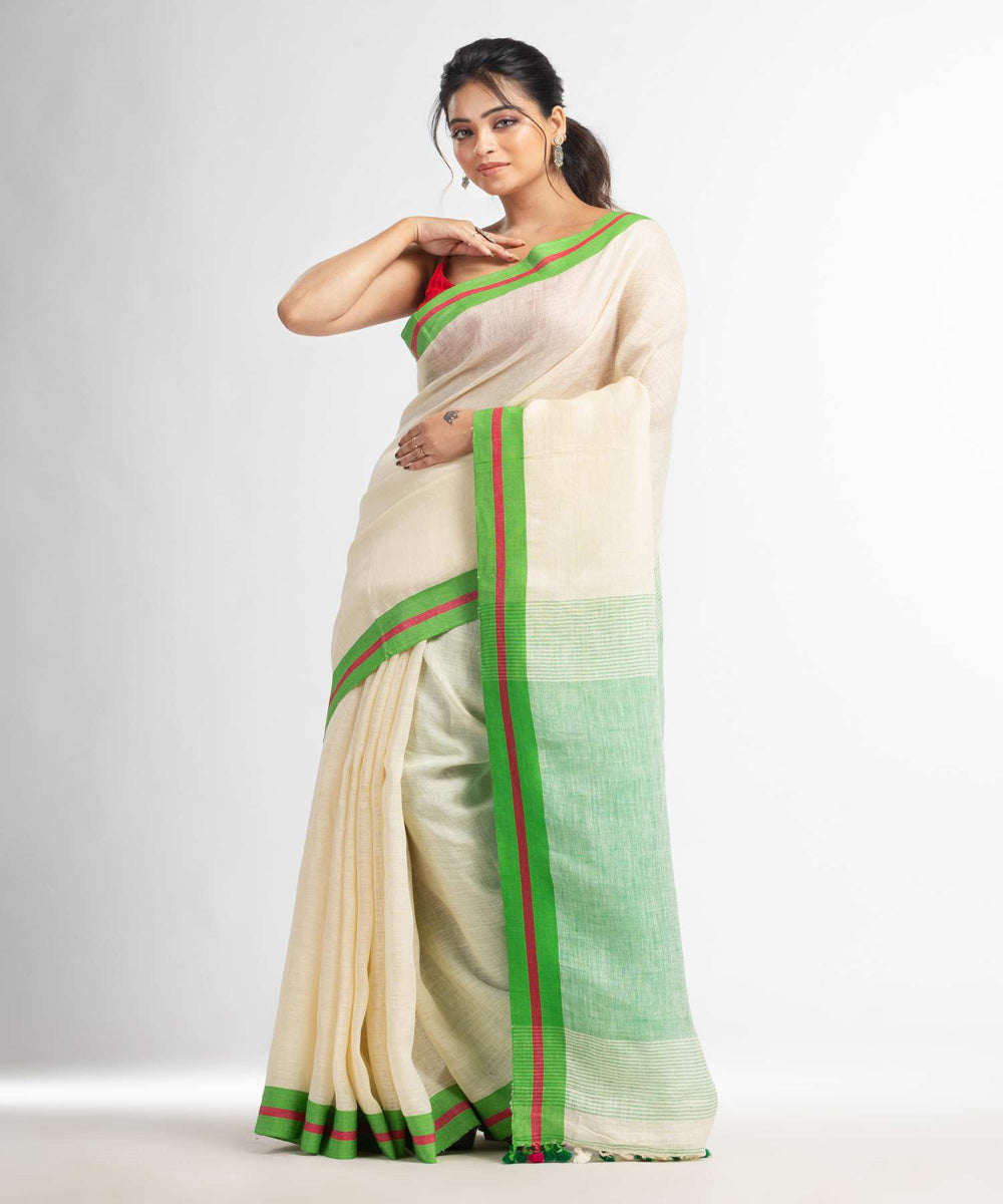 Cream green handwoven bengal linen saree