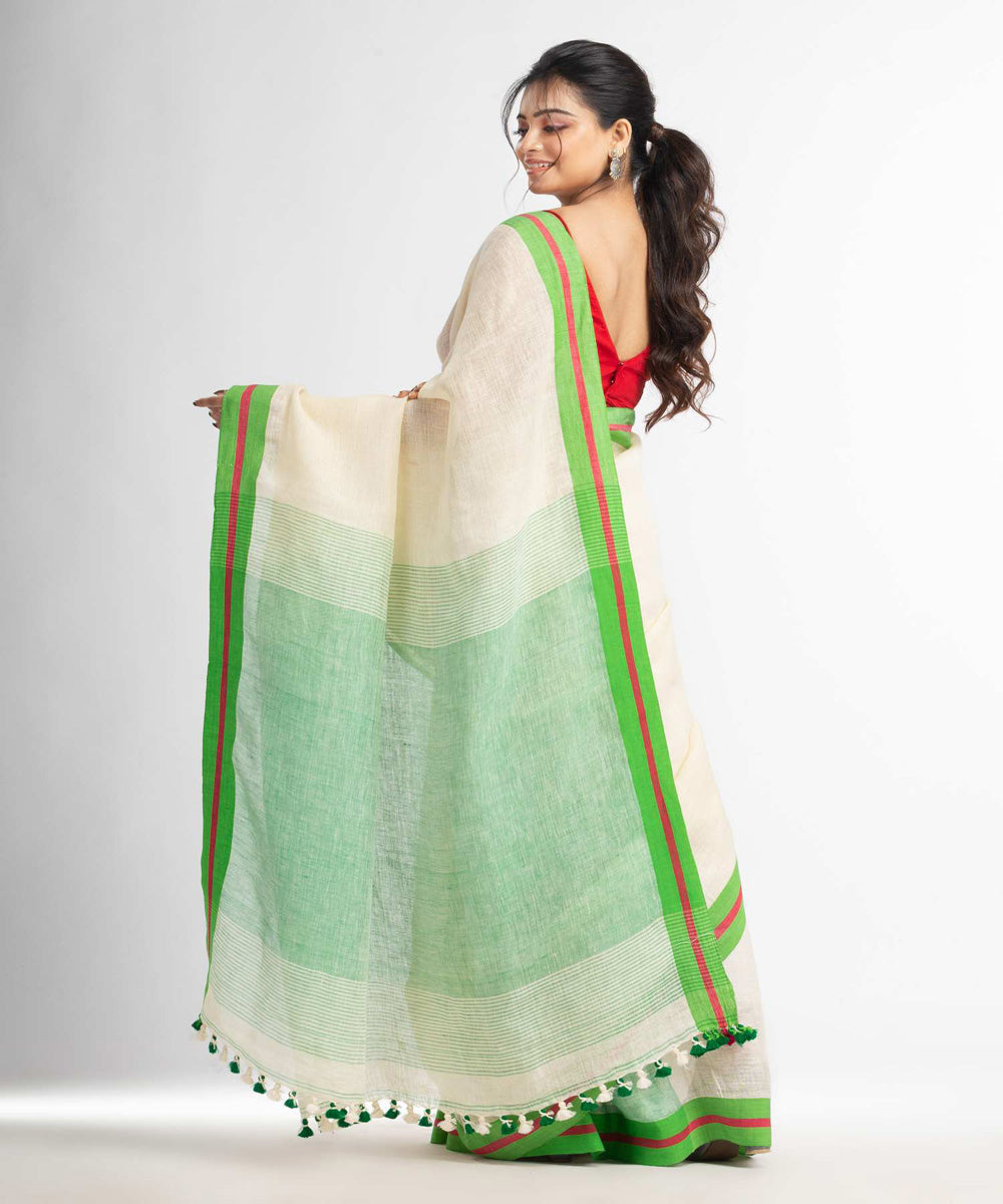 Cream green handwoven bengal linen saree