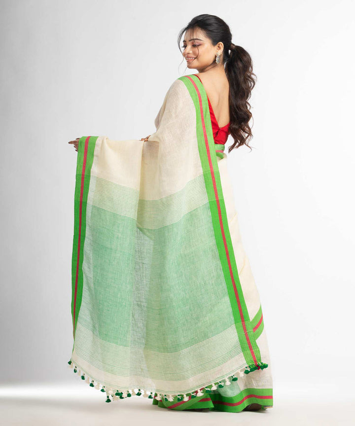 Cream green handwoven bengal linen saree