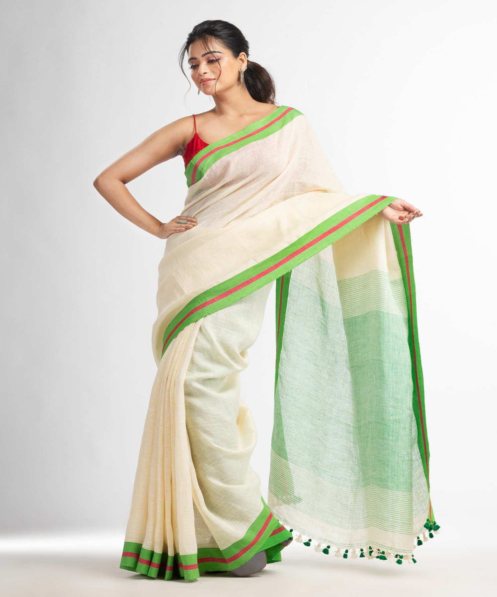 Cream green handwoven bengal linen saree