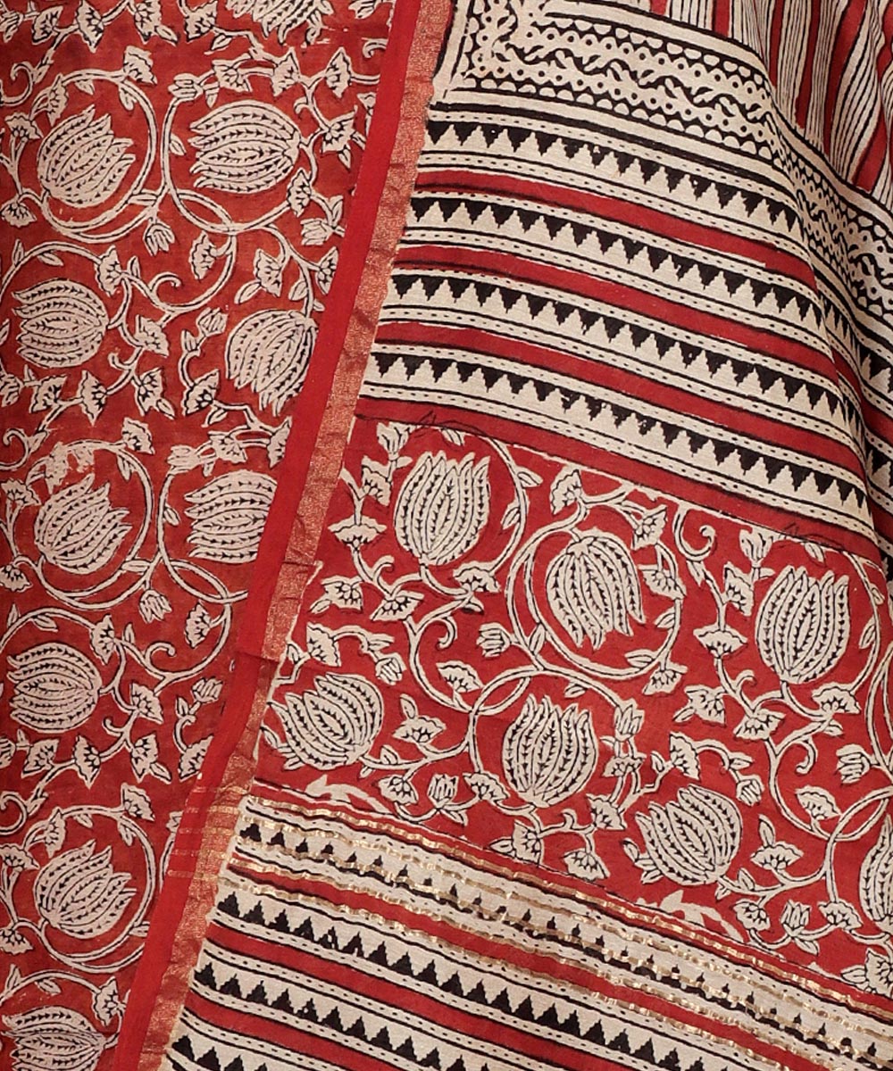 2pc Red white handblock print cotton silk dress material