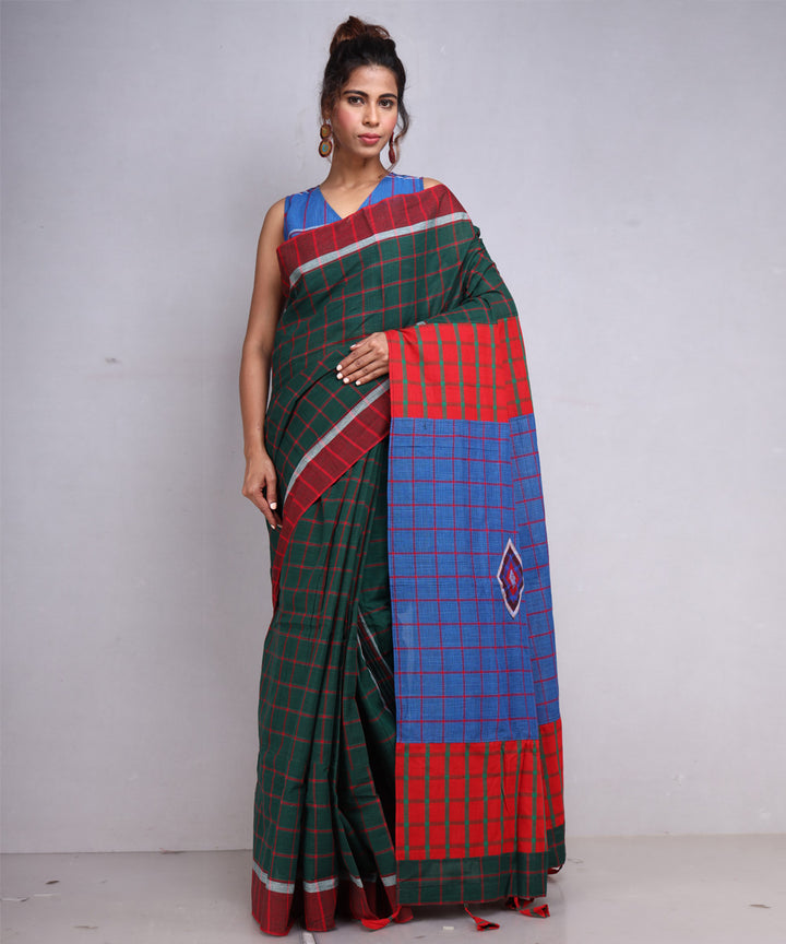 Dark green blue cotton handloom gamcha saree