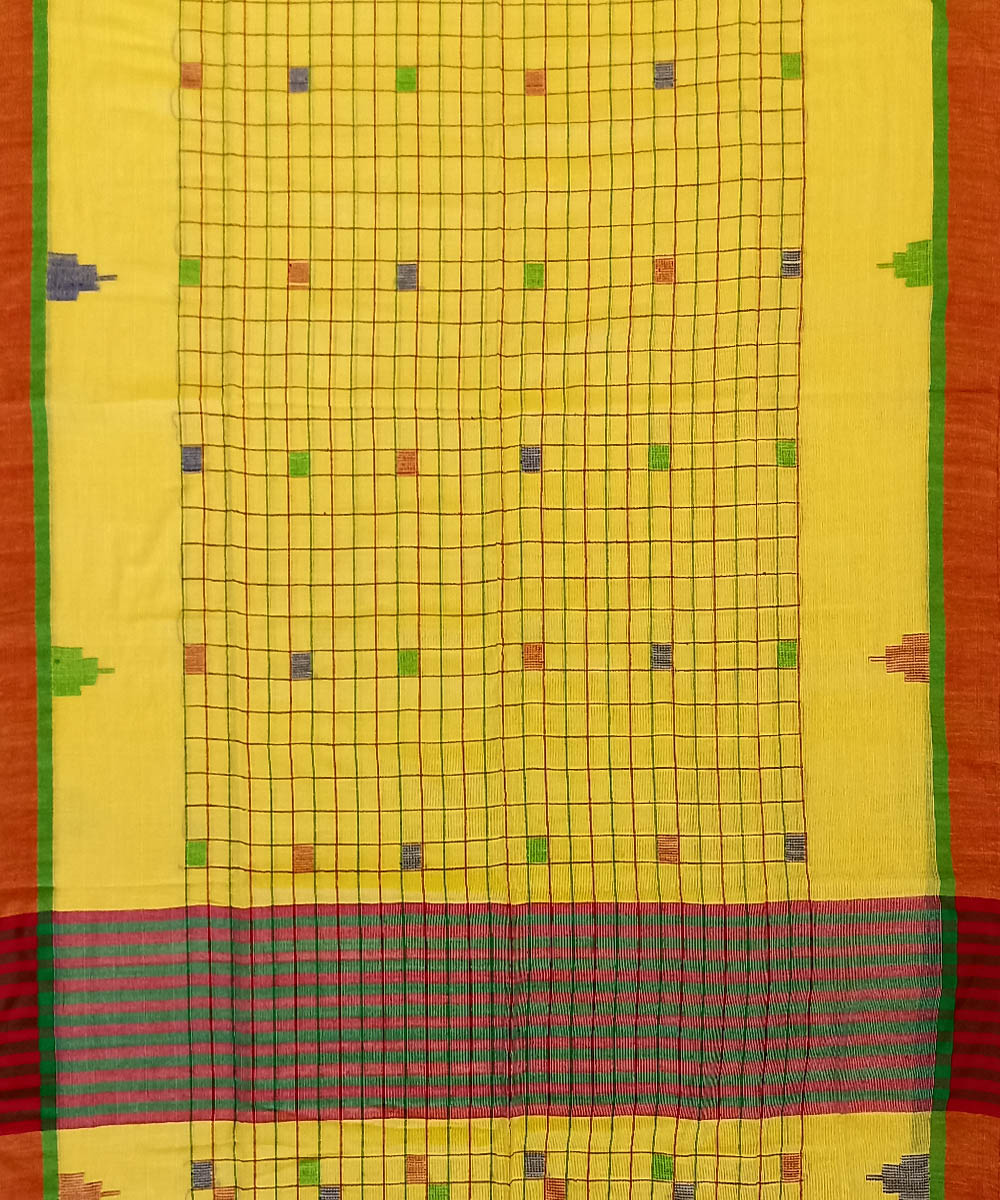 Yellow red cotton bengal handloom saree