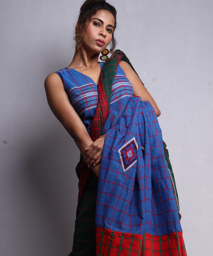 Dark green blue cotton handloom gamcha saree