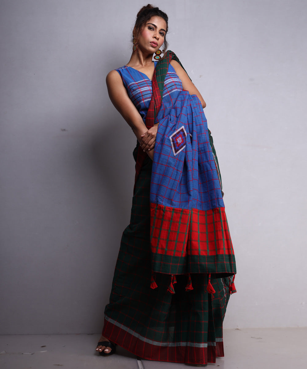 Dark green blue cotton handloom gamcha saree