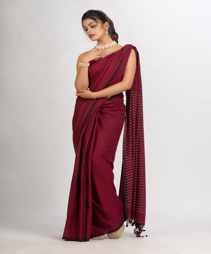 Burgundy maroon handwoven cotton stripes bengal saree