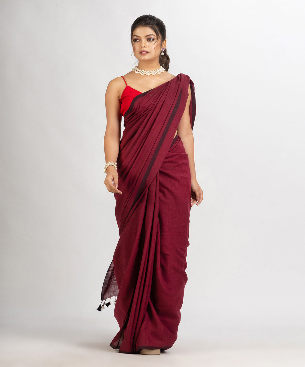 Burgundy maroon handwoven cotton stripes bengal saree