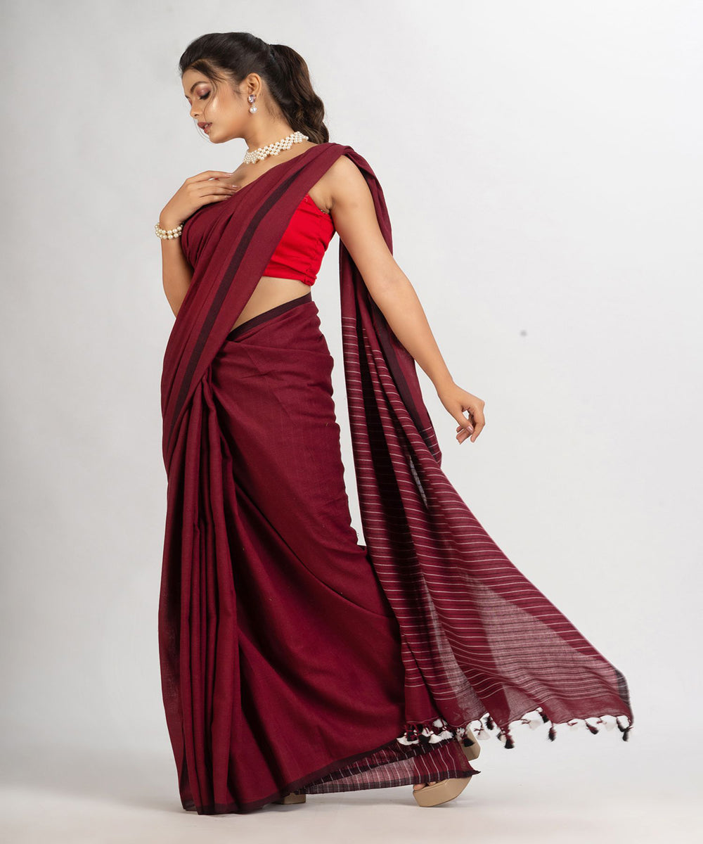 Burgundy maroon handwoven cotton stripes bengal saree