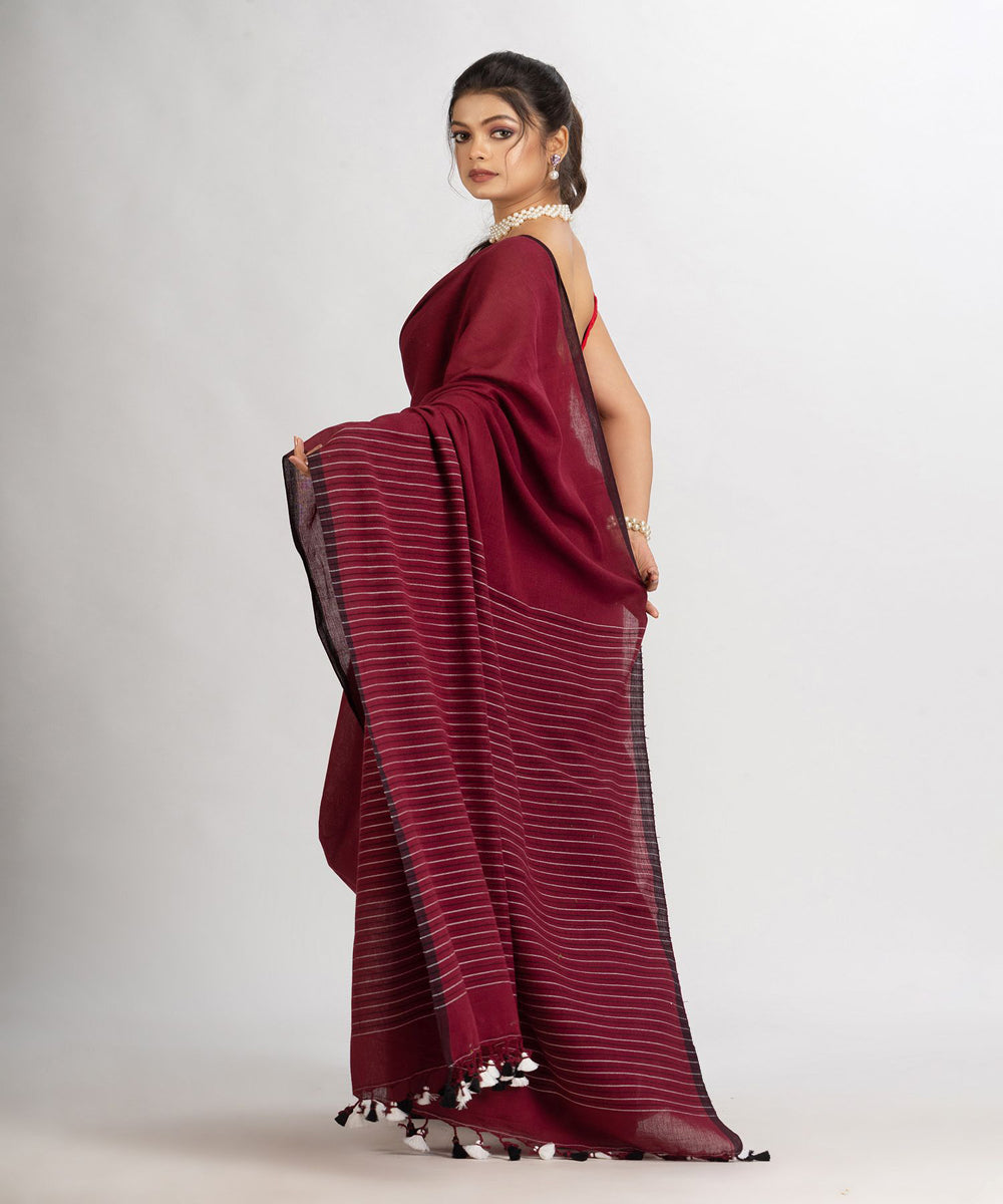 Burgundy maroon handwoven cotton stripes bengal saree