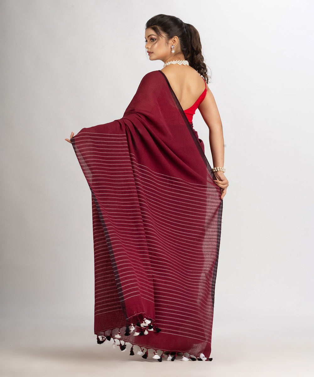 Burgundy maroon handwoven cotton stripes bengal saree